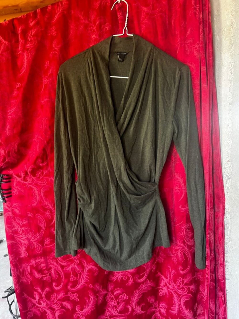 Ann Taylor Olive Green Drape Front Surplice Long Sleeve Top S